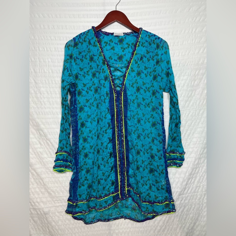 Poupette St. Barth Turquoise and Navy Floral Tunic Swimsuit cover up Dress Small